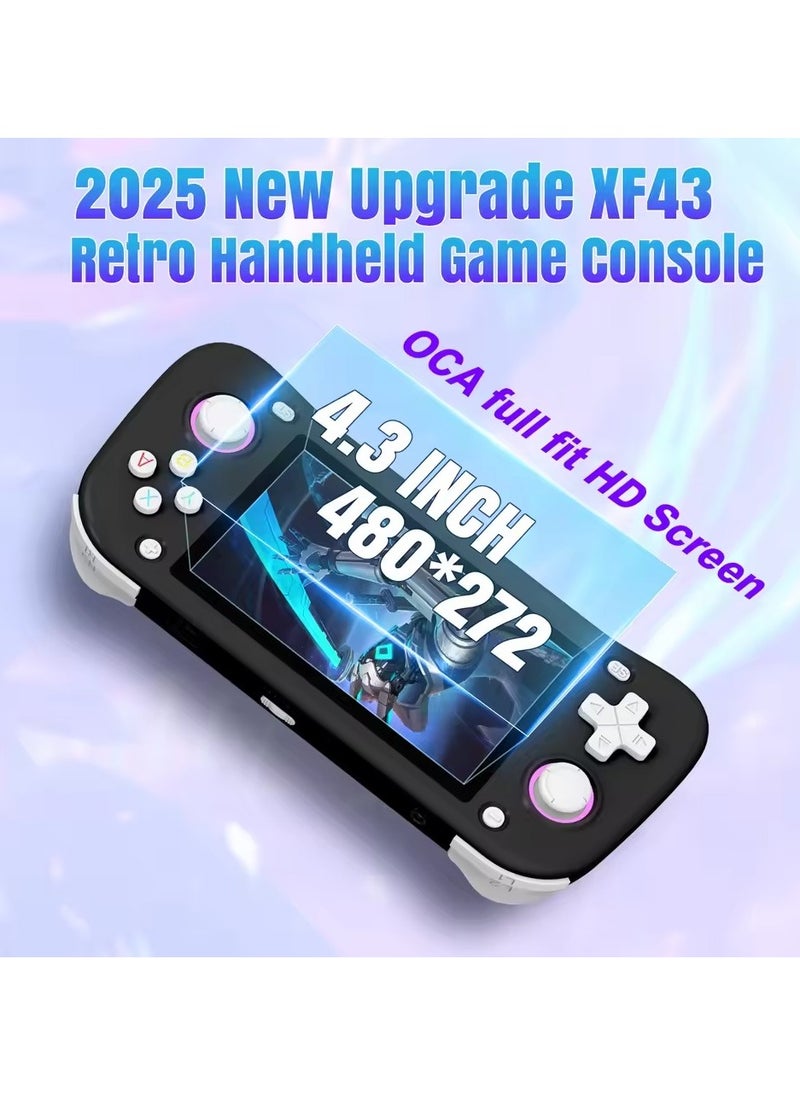 2025 XF43 Retro Handheld Game Console, Handheld Game Console Retro Handheld Game Console 4.3” IPS Screen, Hall Joystick & Triggers, RK3128 Gaming Chip, 3000mAh Battery, 30+ Emulators with preload game, HDMI 1.4 Output, Ergonomic Design, Classic Games Great Gift for Kids Adults