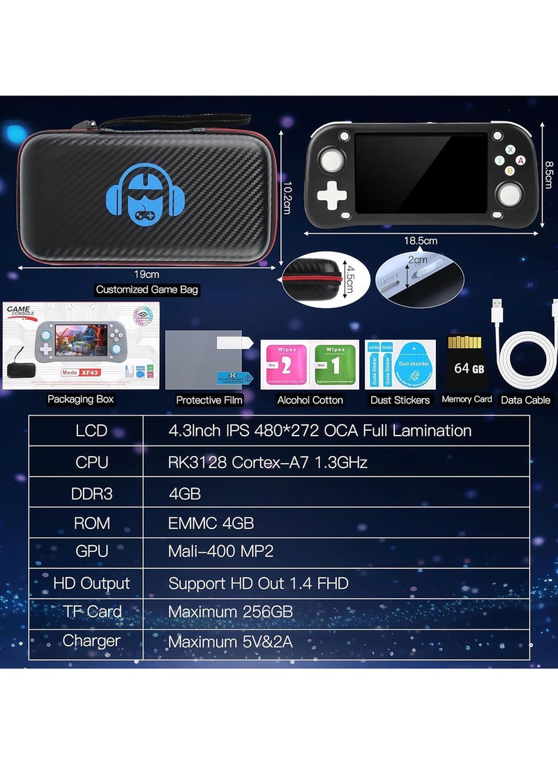 2025 XF43 Retro Handheld Game Console, Handheld Game Console Retro Handheld Game Console 4.3” IPS Screen, Hall Joystick & Triggers, RK3128 Gaming Chip, 3000mAh Battery, 30+ Emulators with preload game, HDMI 1.4 Output, Ergonomic Design, Classic Games Great Gift for Kids Adults