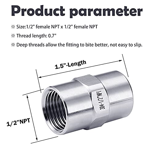 LitKiwi 2PCS Stainless Steel 304 Cast Pipe Fittings Coupling,1/2" Female NPT x 1/2" Female NPT Thread,Equal Hex Nipple Pipe Hose Connector Adapter for Brew Kit, Home Piping Application etc. - Image 3