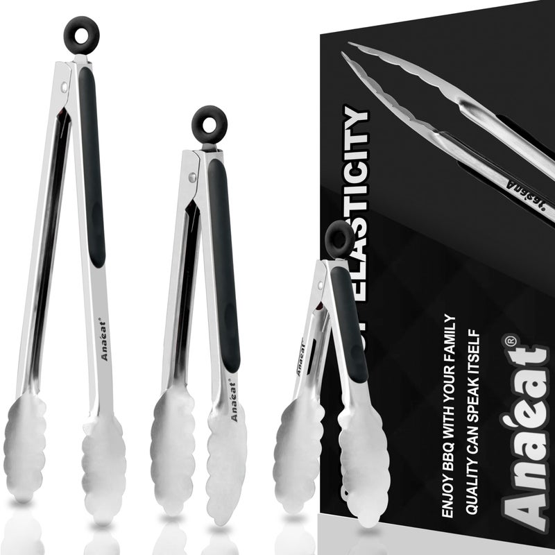 Anaeat Anaeat Premium Kitchen Locking Tong Set of 3  Heavy Duty Stainless Steel Food Tongs with Long Handle  NonSlip Silicone Grip for Cooking Baking Grilling  Heat Resistant up to 480F