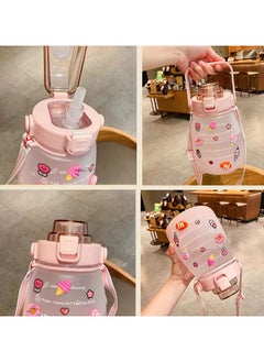 Exotic Glitz Big Belly Water Bottle 1.2l, Water Bottles with Times to Drink, with Straw, Shoulder Strap and 3d Stickers, For Kids School, Sport, Indoor & Outdoor (Pink)  - Image 2