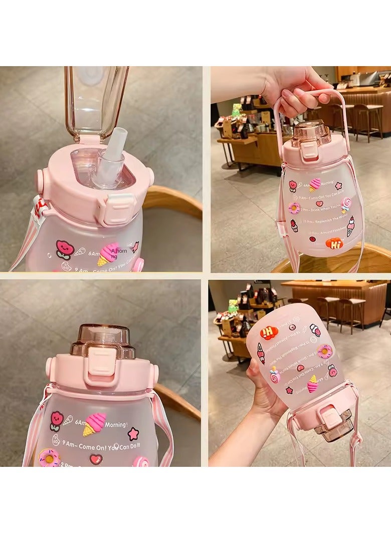 Exotic Glitz Big Belly Water Bottle 1.2l, Water Bottles with Times to Drink, with Straw, Shoulder Strap and 3d Stickers, For Kids School, Sport, Indoor & Outdoor (Pink) - Image 2