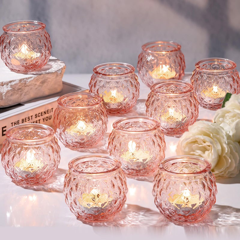 DARJEN Pink Votive Candle Holders Set of 24 Round Glass Candle Holders Bulk for Flameless LED Tea Waxes Romantic Candle Holder for Wedding  Home Table Decor Various Parties