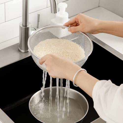 Kruvad Pack of 2 Stainless Steel Rice Washing Bowl & Colander Strainer Fine Mesh Microporous Vegetable Basket Mixing Bowl Grain Washer for Fruits Pasta Dal Spaghetti Durable Dishwasher - Image 3