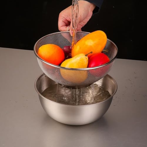 Kruvad Pack of 2 Stainless Steel Rice Washing Bowl & Colander Strainer Fine Mesh Microporous Vegetable Basket Mixing Bowl Grain Washer for Fruits Pasta Dal Spaghetti Durable Dishwasher - Image 2