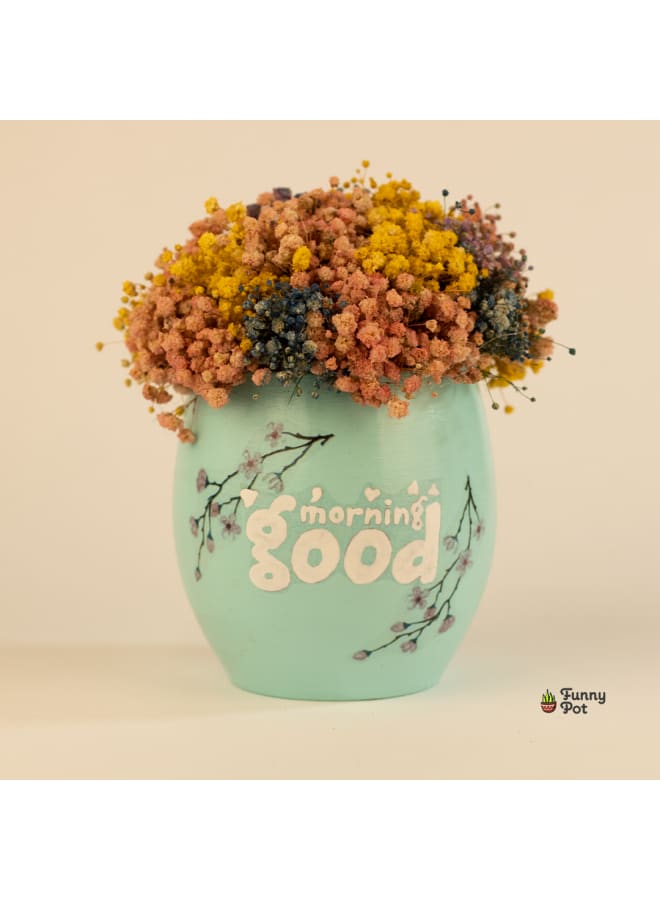 Pottery Plant Pot with natural immortal baby flowers - turquoise - 15*10 cm
