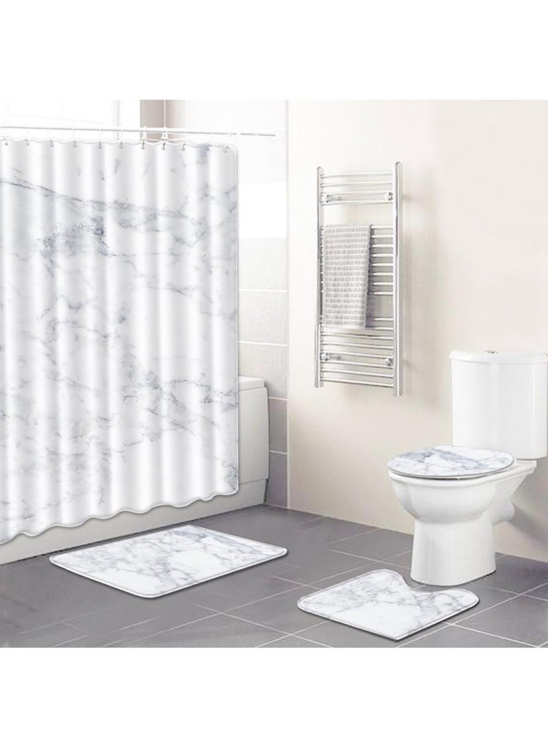 Bluejw 4PCS Printed Shower Curtain Set Polyester Material Marble Pattern Thickened Shower Curtain Set Includes Floor Mat Toilet Seat Cover Anti-skid Pad At The Bottom Of Toilet Ring And Shower C - Image 1