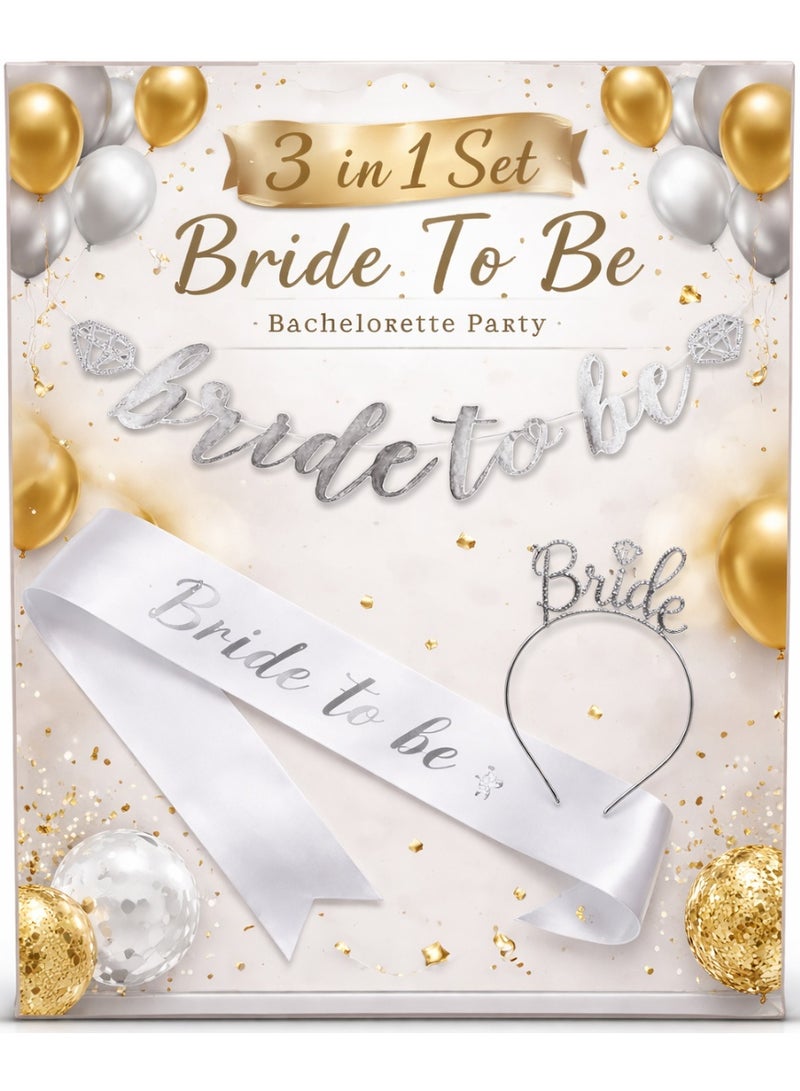 3 in 1 Bride To Be Set Bachelorette Party Bridal Shower Kit – Headband, Shoulder Sash & Banner Decoration for Wedding Celebration (Gold/Silver) - Image 3