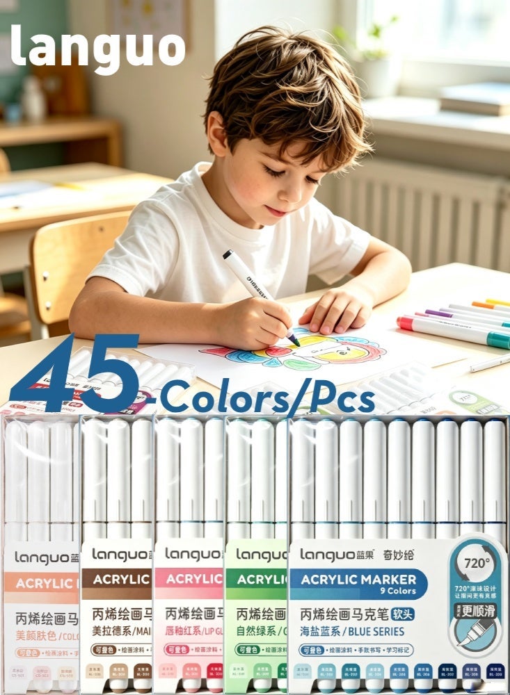Languo Acrylic Paint Markers 45 Colors, Water-Based Paint Pens for Fabric, Rock, Canvas, Wood, Glass, Ceramic, DIY Crafts Art Supplies for Artists, Kids, School Projects - Great Gift for Artists, Kids, Teens - Image 1
