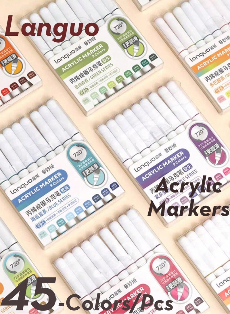 Languo Acrylic Paint Markers 45 Colors, Water-Based Paint Pens for Fabric, Rock, Canvas, Wood, Glass, Ceramic, DIY Crafts Art Supplies for Artists, Kids, School Projects - Great Gift for Artists, Kids, Teens - Image 2