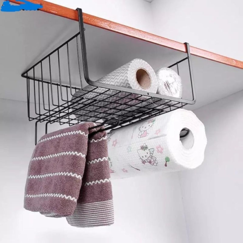 Generic Under Cabinet Storage Organizer, Black Metal Hanging Shelf with Dual Holders for Towels and Toilet Paper, Multi-Purpose Bathroom Kitchen Storage Rack .ar