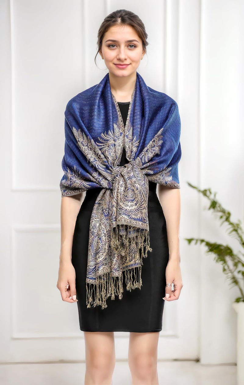 Achillea Luxurious Double Layered Jacquard Big Paisley Pashmina Shawl Wrap Scarf (Royal Blue) - Image 4