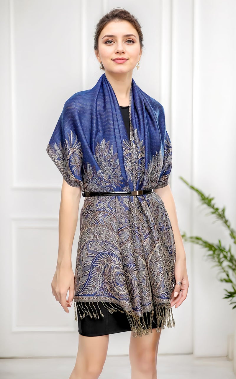 Achillea Luxurious Double Layered Jacquard Big Paisley Pashmina Shawl Wrap Scarf (Royal Blue) - Image 2