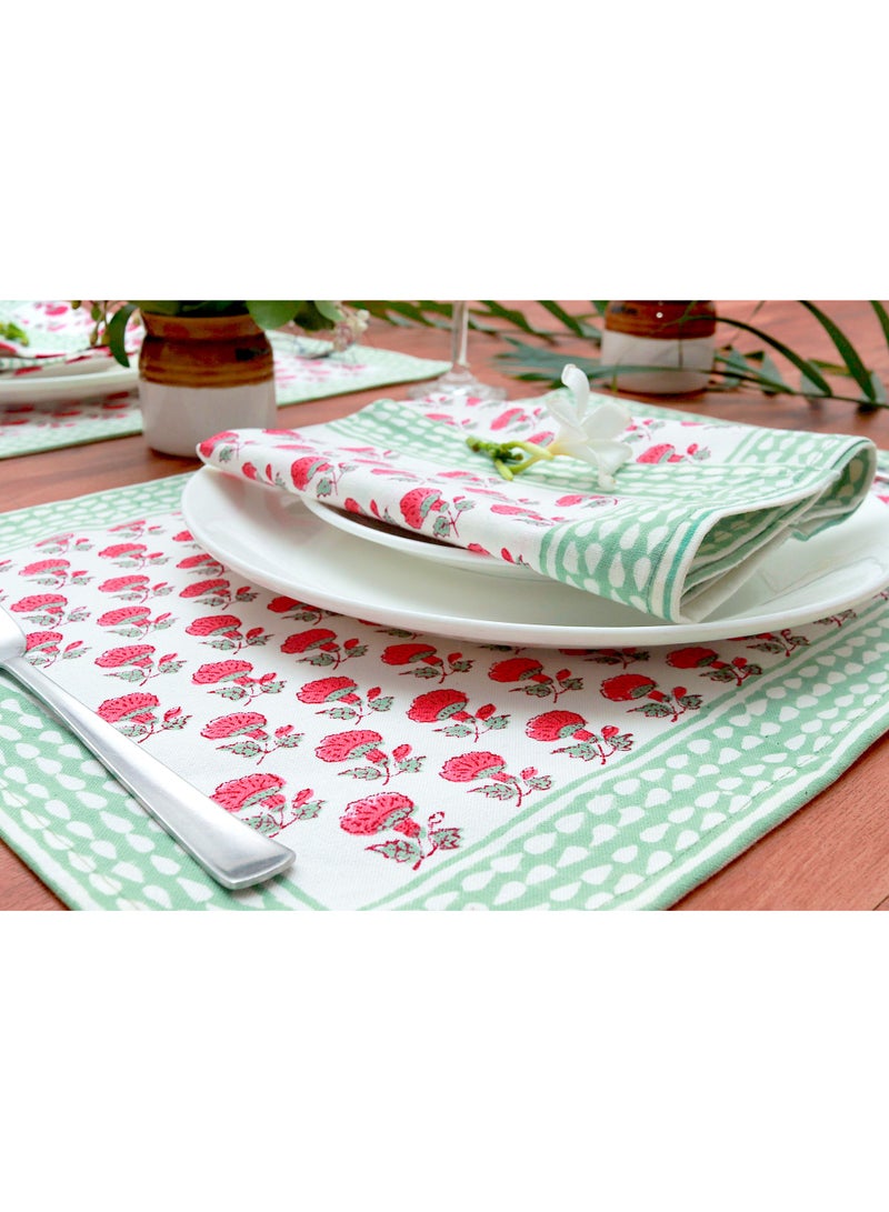 OJARIYA 8 Piece Pink and Teal Hand Block Printed 100 Percent Canvas Cotton Table Placemats & Soft Cotton Napkin Set - Image 3