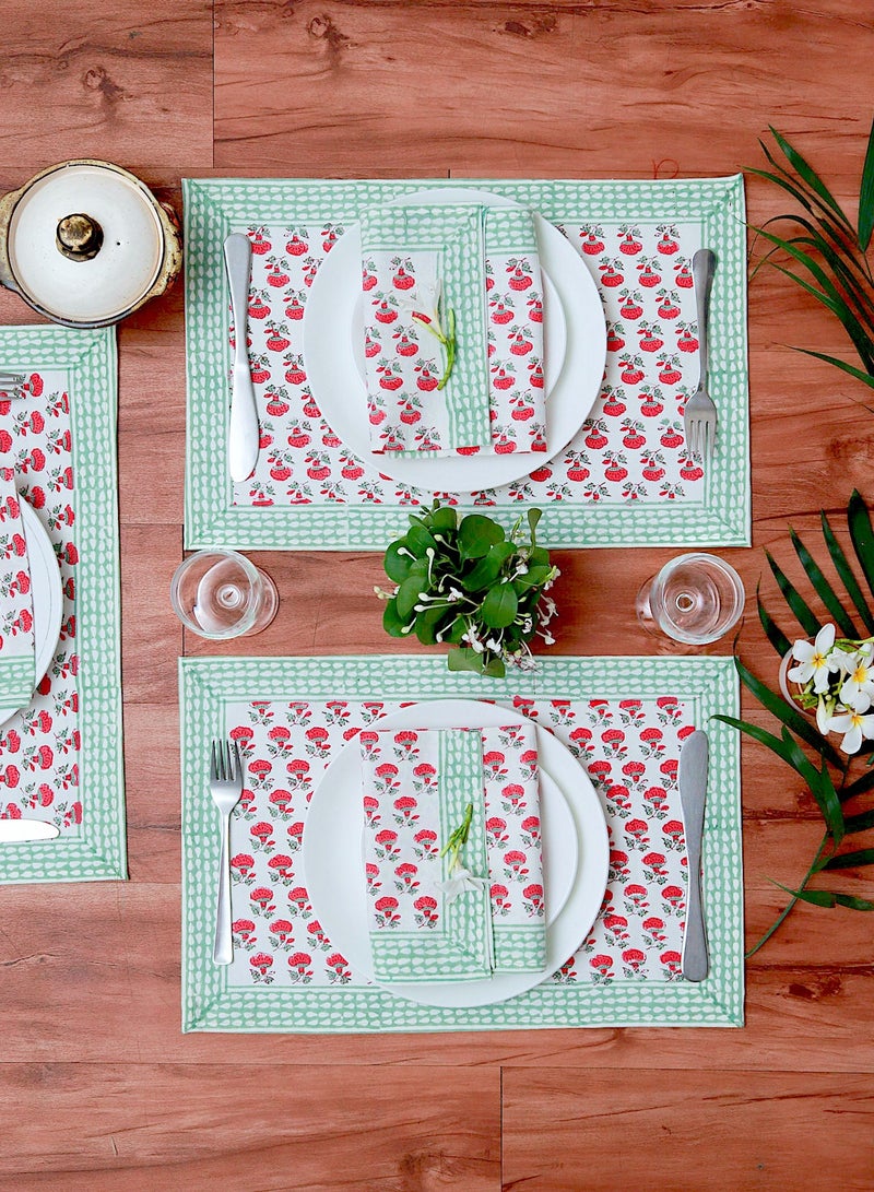 OJARIYA 8 Piece Pink and Teal Hand Block Printed 100 Percent Canvas Cotton Table Placemats & Soft Cotton Napkin Set - Image 2