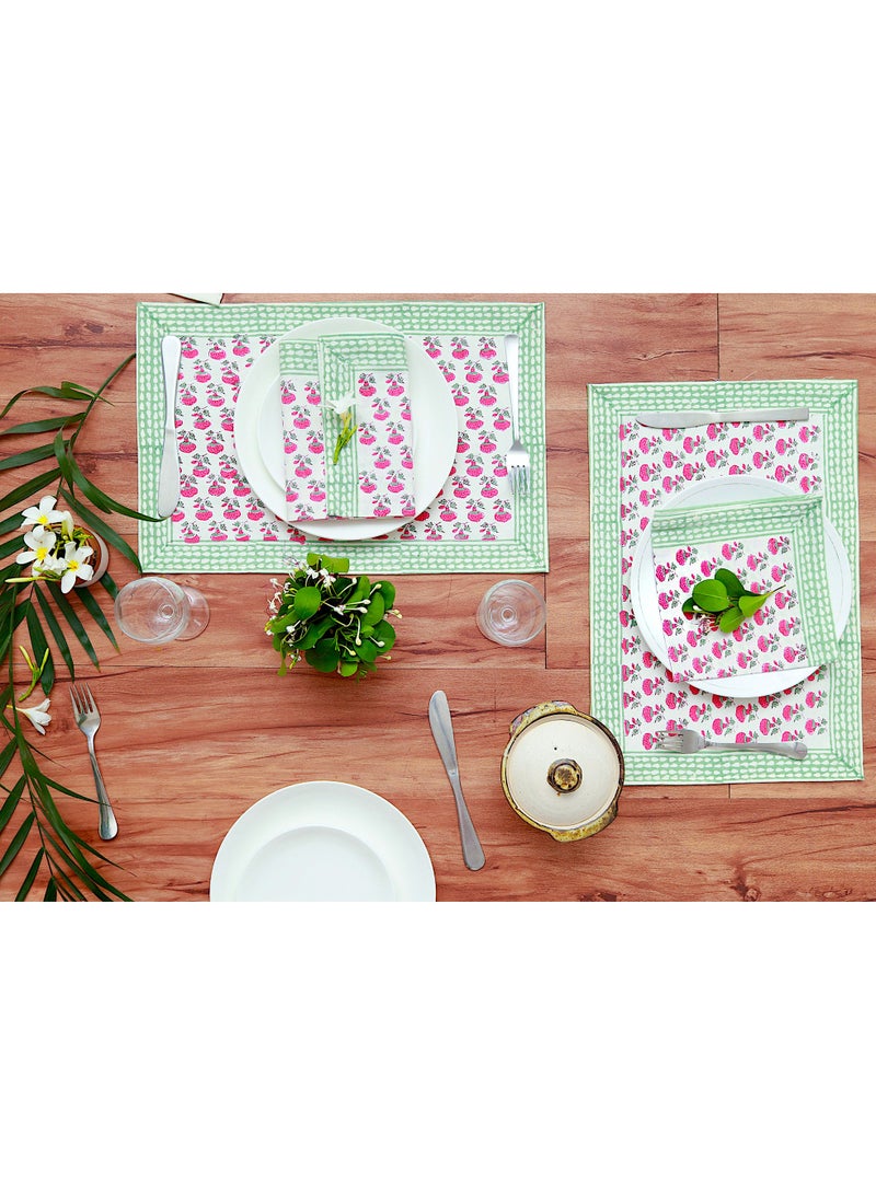 OJARIYA 8 Piece Pink and Teal Hand Block Printed 100 Percent Canvas Cotton Table Placemats & Soft Cotton Napkin Set - Image 5