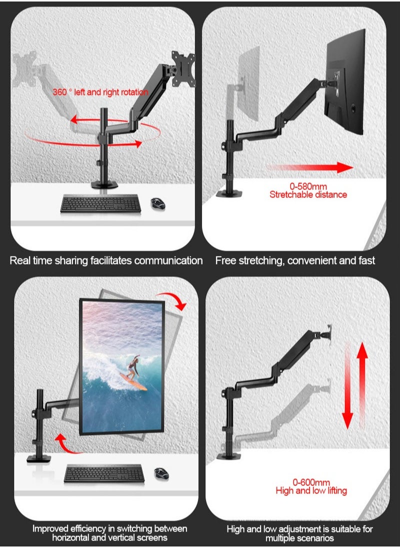 HILLPORT - Single Monitor Arm Mount for 17 to 32 inch Screens - Pneumatic Height Adjustment, Full Articulating Tilt, Swivel with Desk C-clamp and Grommet Option - Image 1