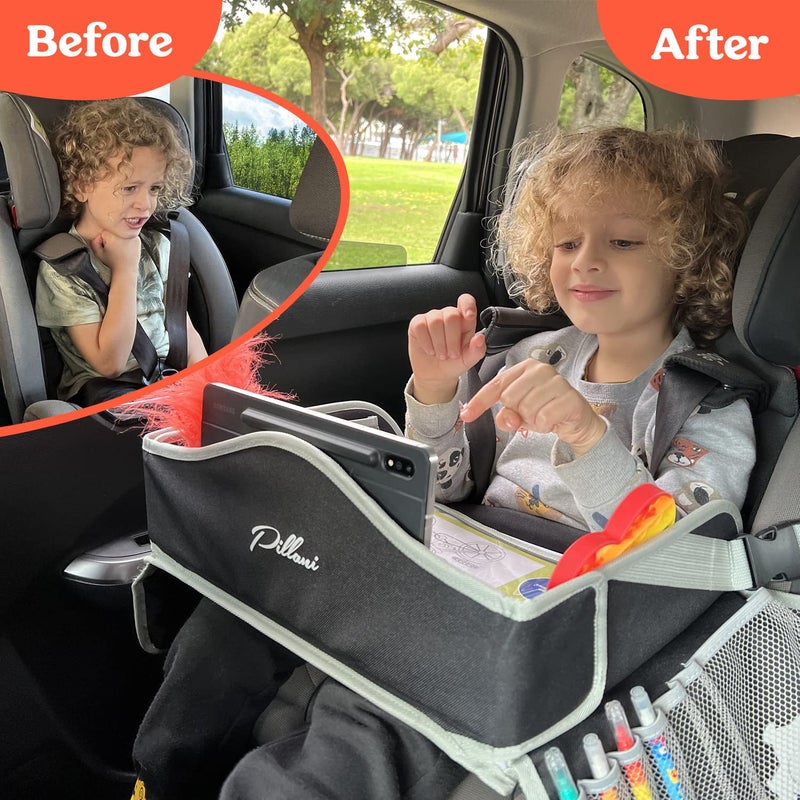 PILLANI Kids Travel Tray for Car - Carseat Tray w/iPad Holder & Dry Erase Board, Road Trip Essentials - Toddler Lap Desk Organizer for Airplane - Roadtrip Activities & Travel Essentials - Pack of 2 - Image 3