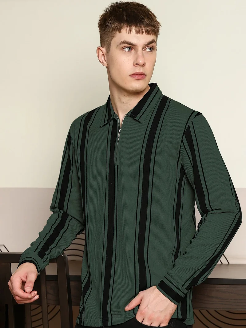 Maniac Maniac Mens Vertical Stripe HighStreet Polo Neck Full Sleeve Cream and Grey Corduroy Polo T-Shirt