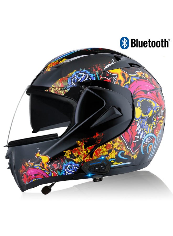 Men's Bluetooth Open-Face Electric Motorcycle Helmet with Transparent Visor, Bright Black Skull, 3C Certified