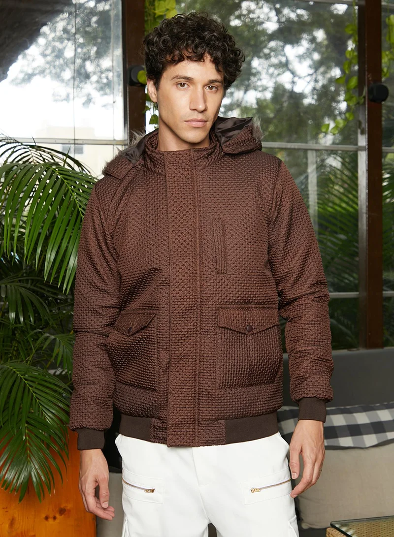 Campus Sutra Men's Chocolate Brown Self-Design Diamond Puffer Jacket With Fleece Hood