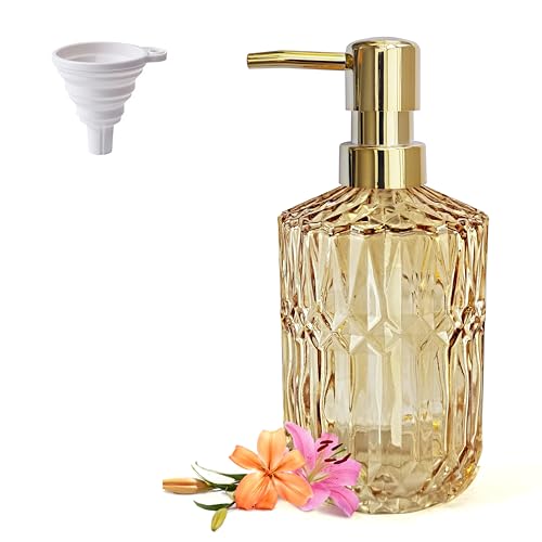 LaMarriti Clear Glass Soap Dispenser with Gold Rust Proof Pump, Refillable Thick Glass Kitchen Soap Dispenser, Lotion Dispenser Bathroom for Hands Soap, Dish Soap, Body Wash (Yellow Gold - Image 1