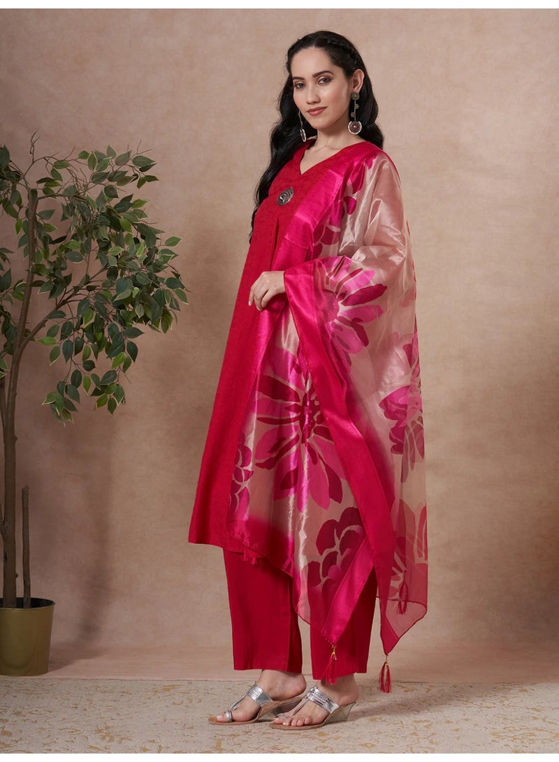 PRIYA’S PANACHE Rani Pink A-Line Kurta Set for Women with Palazzo and Organza Dupatta – Indian Ethnic Wear, Casual Festive Kurti Set, Indian Dress for Ladies - Image 2
