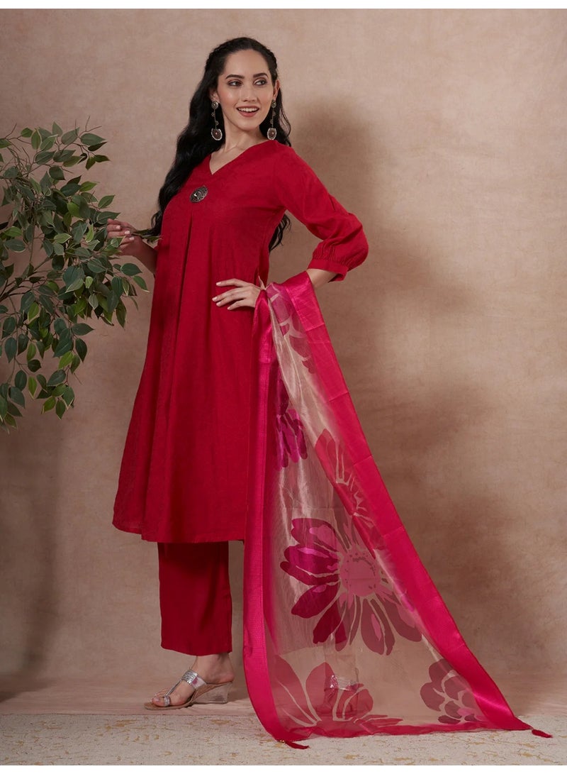 PRIYA’S PANACHE Rani Pink A-Line Kurta Set for Women with Palazzo and Organza Dupatta – Indian Ethnic Wear, Casual Festive Kurti Set, Indian Dress for Ladies - Image 4
