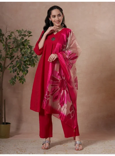 PRIYA’S PANACHE Rani Pink A-Line Kurta Set for Women with Palazzo and Organza Dupatta – Indian Ethnic Wear, Casual Festive Kurti Set, Indian Dress for Ladies