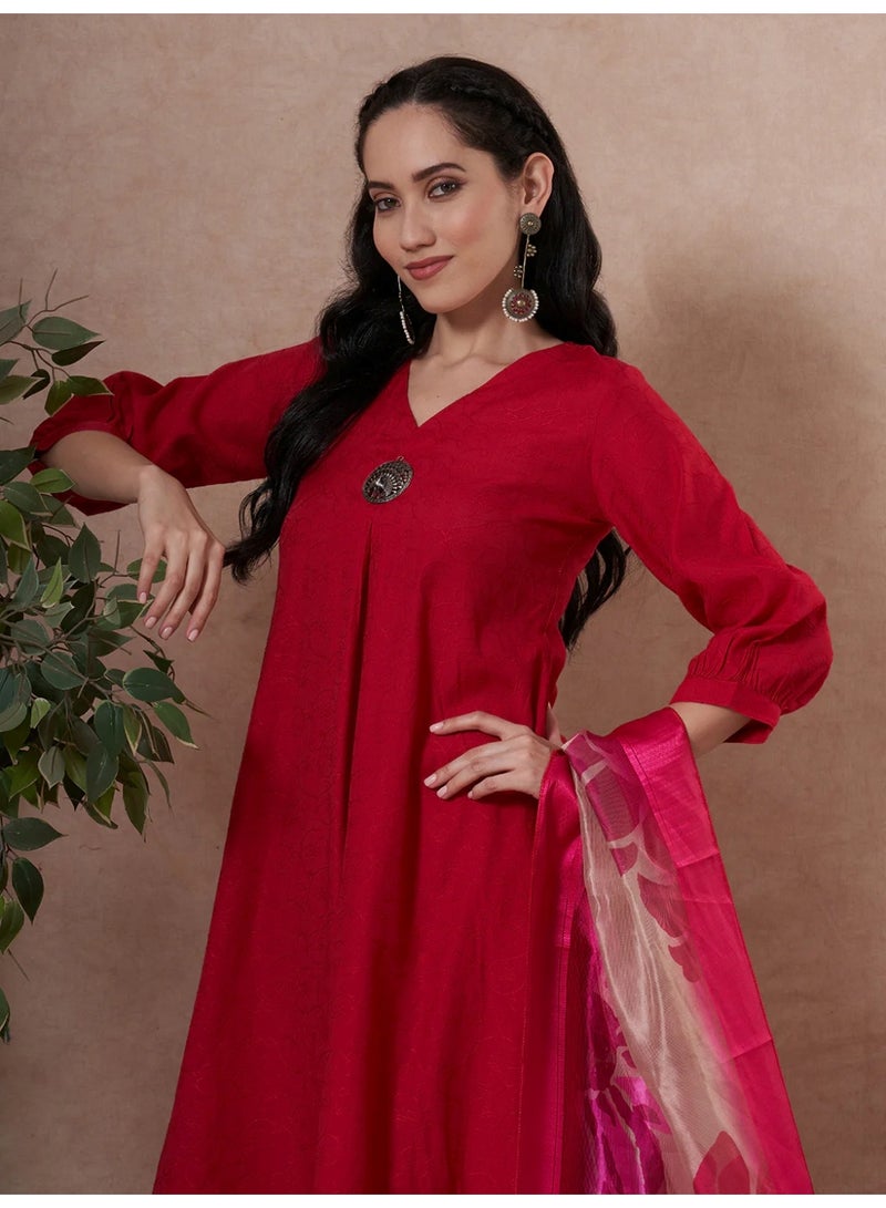 PRIYA’S PANACHE Rani Pink A-Line Kurta Set for Women with Palazzo and Organza Dupatta – Indian Ethnic Wear, Casual Festive Kurti Set, Indian Dress for Ladies - Image 5