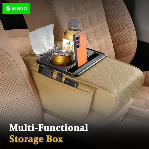SIAGO SIA399 Premium Car Armrest Cover | 5-in-1 Center Console Organizer with Cup Holder, Phone Slot, & Storage Bags | Anti-Slip PU Leather Cushion for Sedans & SUVs (Beige) - Image 2