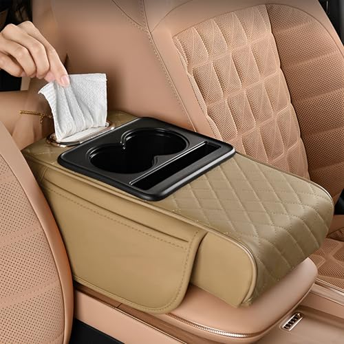 SIAGO SIA399 Premium Car Armrest Cover | 5-in-1 Center Console Organizer with Cup Holder, Phone Slot, & Storage Bags | Anti-Slip PU Leather Cushion for Sedans & SUVs (Beige) - Image 1