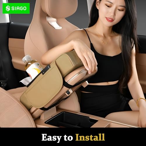 SIAGO SIA399 Premium Car Armrest Cover | 5-in-1 Center Console Organizer with Cup Holder, Phone Slot, & Storage Bags | Anti-Slip PU Leather Cushion for Sedans & SUVs (Beige) - Image 3