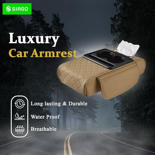 SIAGO SIA399 Premium Car Armrest Cover | 5-in-1 Center Console Organizer with Cup Holder, Phone Slot, & Storage Bags | Anti-Slip PU Leather Cushion for Sedans & SUVs (Beige) - Image 4
