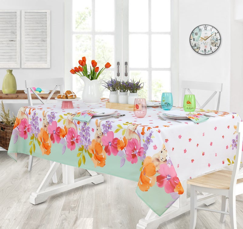 Newbridge Bunniful Easter Bunny 52 x 70 Inch Fabric Rectangle Tablecloth Easy Care Stain Resistant Table Cloth Bunny Flower Fields Party Table Cover