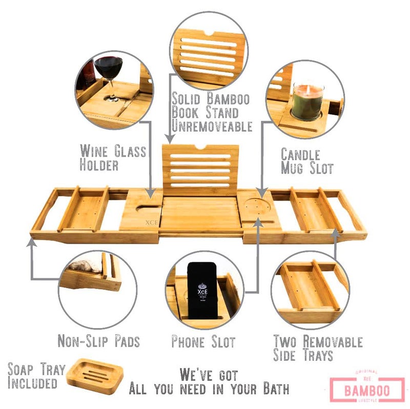 XcE Bathtub Caddy Tray Expandable to 105cm with Bamboo Book Stand and Soap Tray, Natural - Image 2