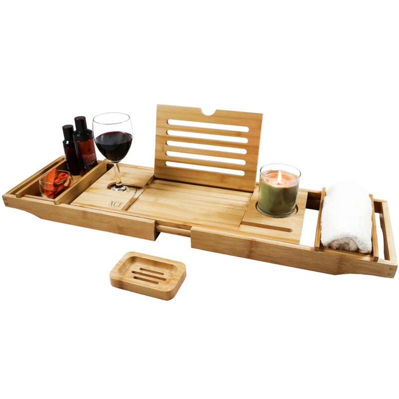 XcE Bathtub Caddy Tray Expandable to 105cm with Bamboo Book Stand and Soap Tray, Natural - Image 1