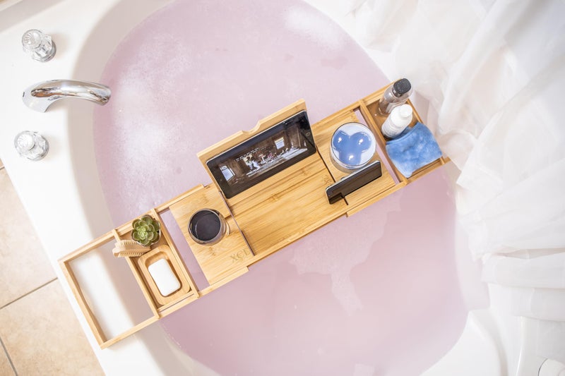 XcE Bathtub Caddy Tray Expandable to 105cm with Bamboo Book Stand and Soap Tray, Natural - Image 4