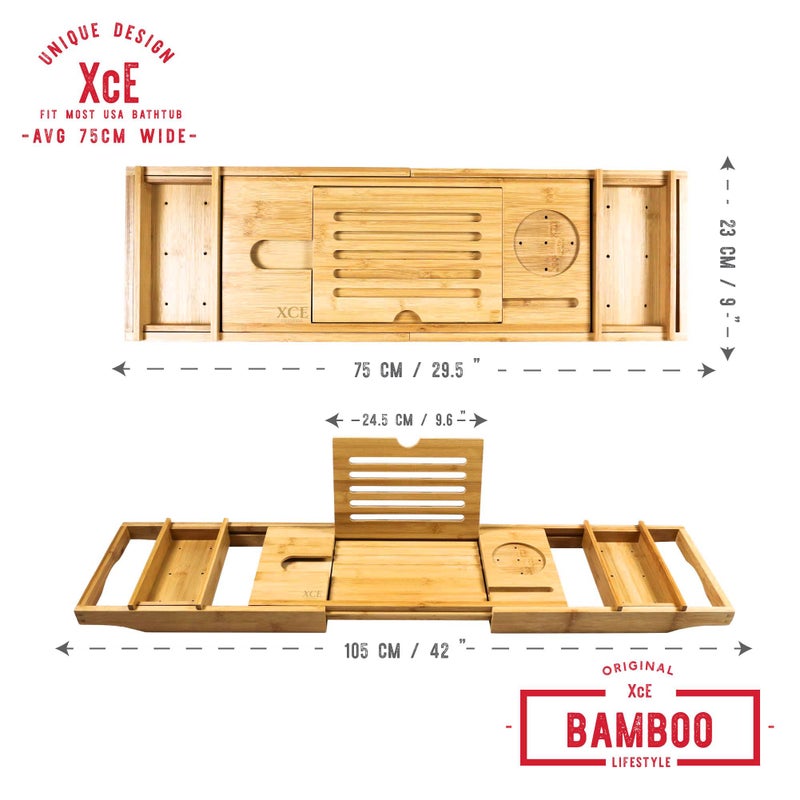 XcE Bathtub Caddy Tray Expandable to 105cm with Bamboo Book Stand and Soap Tray, Natural - Image 3