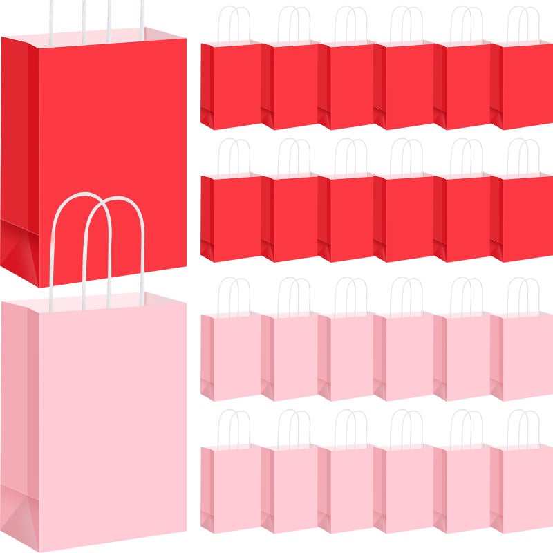 Chivertion 48 Pcs Valentine Red Pink Paper Gift Bags Bulk with Handles, 8.27 x 5.91 x 3.15 Inches Small Party Favor Bags Goodies Bag for Valentine's Day, Wedding, Birthdays, Small Business, Shopping - Image 1