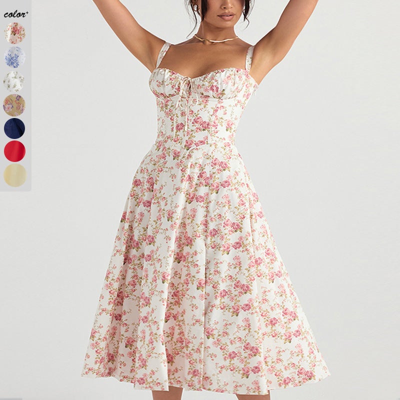 Floral Spaghetti Strap Swing Dress with Tie - Image 1