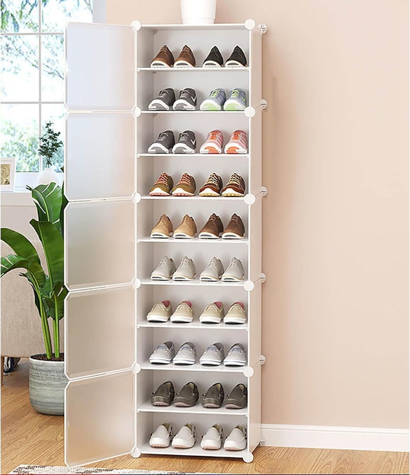 LiveCool Shoe Rack Plastic, 10-Layer Shoes Rack for Home Plastic, Closed Shoe Rack with Door&Metal Hook, Soft PP Sheet Shoe Stand Organiser Sneakers/Heels/Slippers on Bedroom Entryway,White (SR-W10) - Image 1