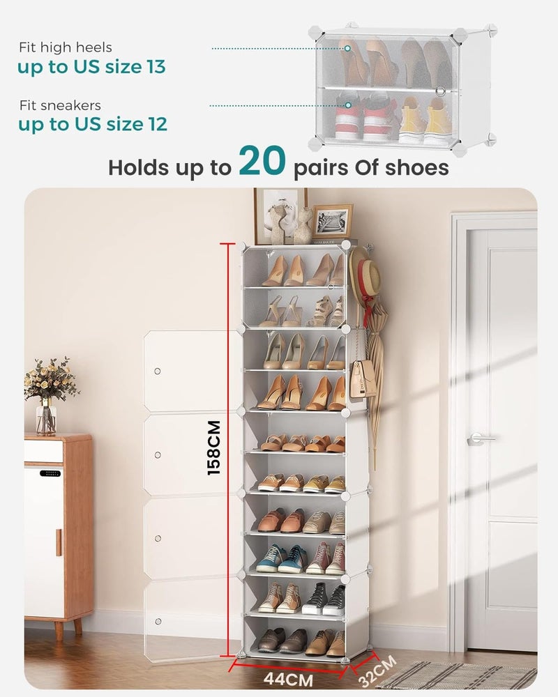 LiveCool Shoe Rack Plastic, 10-Layer Shoes Rack for Home Plastic, Closed Shoe Rack with Door&Metal Hook, Soft PP Sheet Shoe Stand Organiser Sneakers/Heels/Slippers on Bedroom Entryway,White (SR-W10) - Image 2