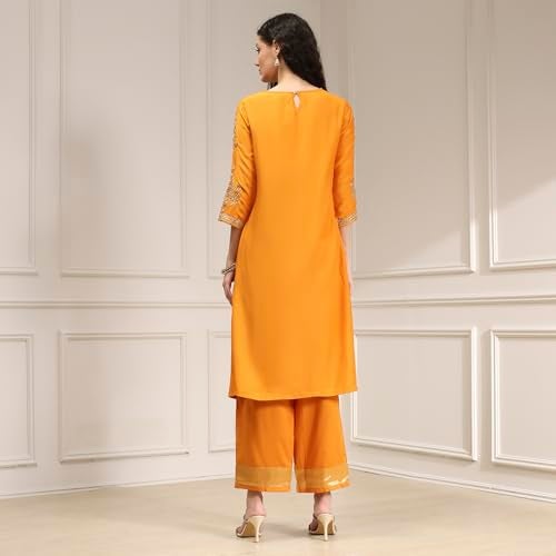 Biba Women Orange Blended Straight Solid Kurta Set_42 - Image 5
