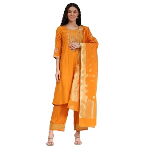 Biba Women Orange Blended Straight Solid Kurta Set_42 - Image 1