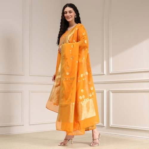 Biba Women Orange Blended Straight Solid Kurta Set_42 - Image 3