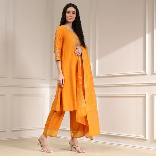 Biba Women Orange Blended Straight Solid Kurta Set_42 - Image 4