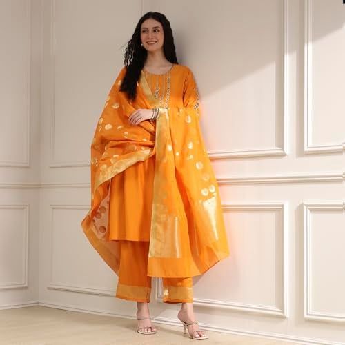 Biba Women Orange Blended Straight Solid Kurta Set_42 - Image 2
