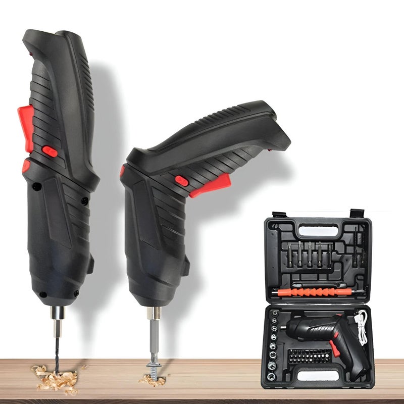 Electric Screwdriver Kit - Features 47 accessories, long-lasting 1300mAh battery, USB charging, and integrated LED light in sleek black-red finish for professional-grade precision. - Image 1
