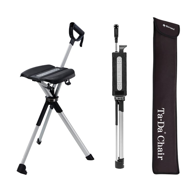STEP2GOLD Ta-Da Chair Series 2- Portable Walking Stick, Cane with Seat, Foldable Chair, Hiking Stick, for Camping, Hiking, Lightweight Aluminum, Easy Carry, Anti-Slip (34.2"/Black) - Image 1